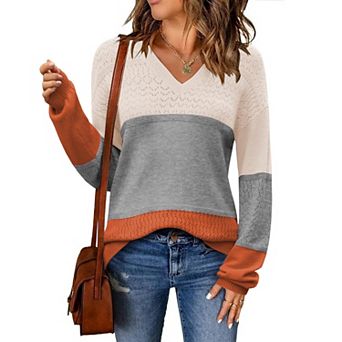 Zeagoo Women s Fall Batwing Long Sleeve Ribbed Knitted Pullover Sweater, V Neck Crochet Top