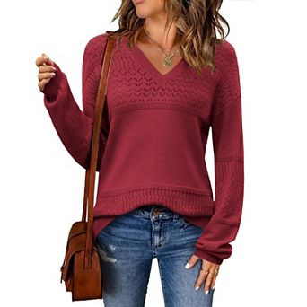 Zeagoo Women s Fall Batwing Long Sleeve Ribbed Knitted Pullover Sweater, V Neck Crochet Top
