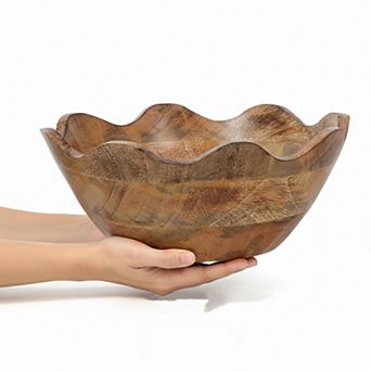 Handcrafted 12" Mango Wood Serving Bowl with Scalloped Edges for Home Decor