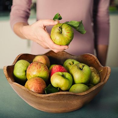 Handcrafted 12" Mango Wood Serving Bowl with Scalloped Edges for Home Decor