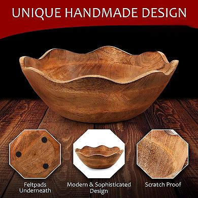 Handcrafted 12" Mango Wood Serving Bowl with Scalloped Edges for Home Decor