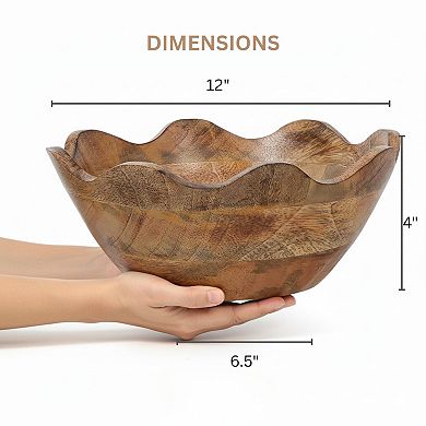 Handcrafted 12" Mango Wood Serving Bowl with Scalloped Edges for Home Decor