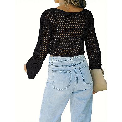 Women's Crochet Crop Long Sleeve Hollow Out Mesh Knitted Beach Bikini Cover Ups