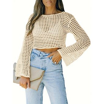 Women's Crochet Crop Long Sleeve Hollow Out Mesh Knitted Beach Bikini Cover Ups