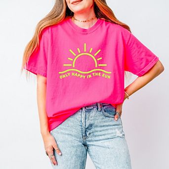 Only Happy In The Sun Puff Print - Women's Garment Dyed Graphic T-Shirt