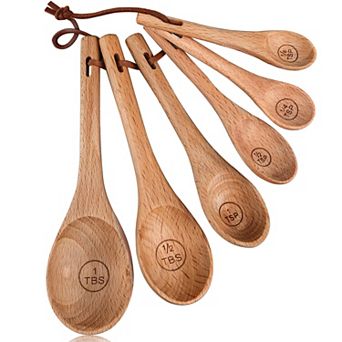 6 pc Wooden Measuring Spoons Long Handle Beechwood Dry Ingredients Cooking Baking Gift