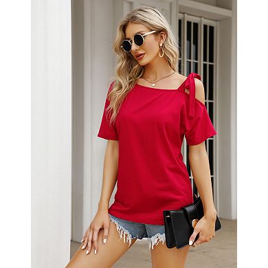 Womens Short Sleeve Cold Shoulder Blouse Tie Strap Loose Fit T Shirts Casual Solid Summer Tunic Tops