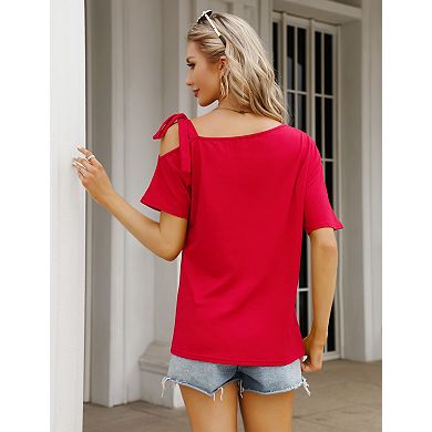 Womens Short Sleeve Cold Shoulder Blouse Tie Strap Loose Fit T Shirts Casual Solid Summer Tunic Tops