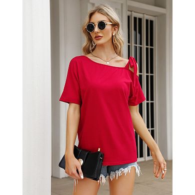 Womens Short Sleeve Cold Shoulder Blouse Tie Strap Loose Fit T Shirts Casual Solid Summer Tunic Tops