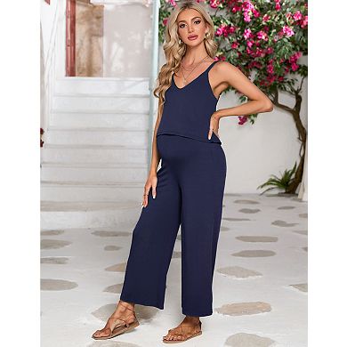 Women's Maternity Sleeveless Straps Romper V-Neck Jumpsuit