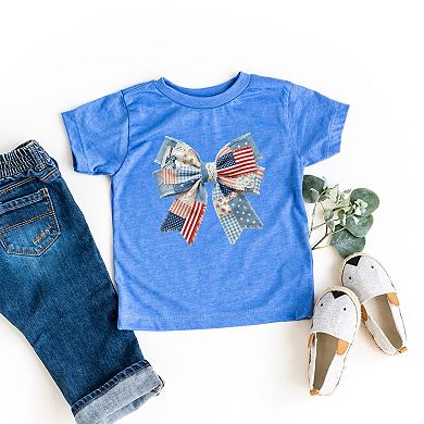 Patriotic Bow Faux Denim Patchwork - Toddler Short Sleeve Graphic T-Shirt