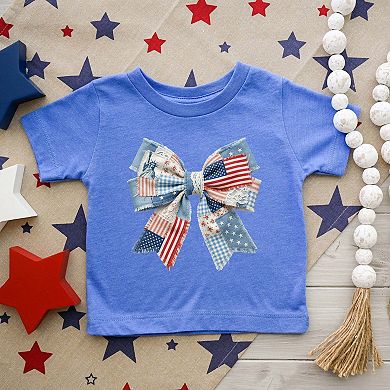 Patriotic Bow Faux Denim Patchwork - Toddler Short Sleeve Graphic T-Shirt