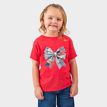 Patriotic Bow Faux Denim Patchwork - Toddler Short Sleeve Graphic T-Shirt