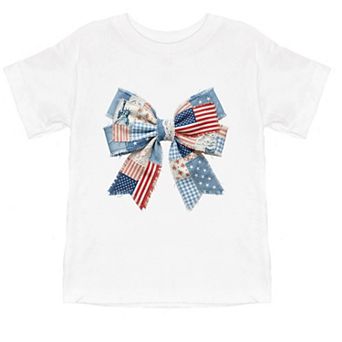 Patriotic Bow Faux Denim Patchwork - Toddler Short Sleeve Graphic T-Shirt