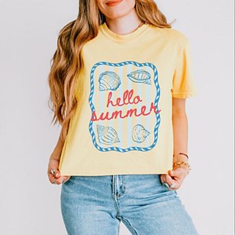 Hello Summer Sea Shells - Women's Boxy Crop Top Graphic T-Shirt