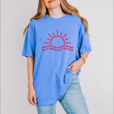 Only Happy In The Sun Puff Print - Women's Garment Dyed Graphic T-Shirt