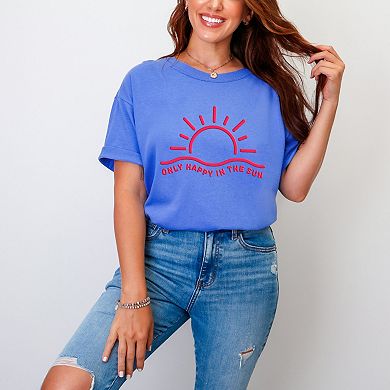 Only Happy In The Sun Puff Print - Women's Garment Dyed Graphic T-Shirt