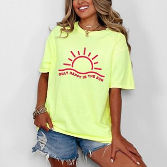 Only Happy In The Sun Puff Print - Women's Garment Dyed Graphic T-Shirt