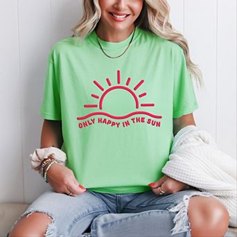 Only Happy In The Sun Puff Print - Women's Garment Dyed Graphic T-Shirt