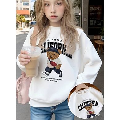 Tween Girls' Bear Print Crew Neck Pullover Sweater