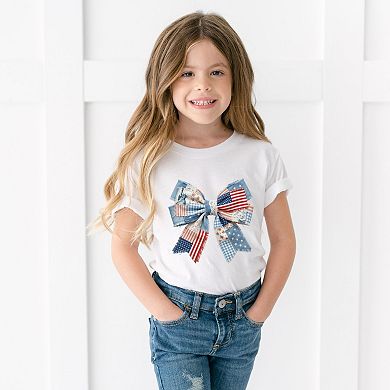 Patriotic Bow Faux Denim Patchwork - Youth Short Sleeve Graphic T-Shirt