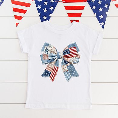 Patriotic Bow Faux Denim Patchwork - Youth Short Sleeve Graphic T-Shirt