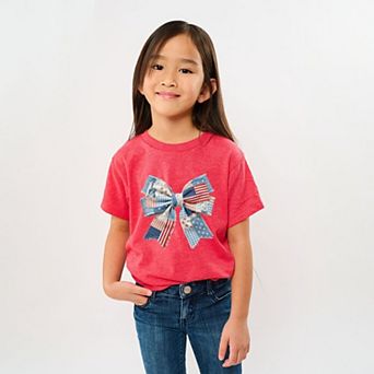 Patriotic Bow Faux Denim Patchwork - Youth Short Sleeve Graphic T-Shirt