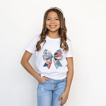Patriotic Bow Faux Denim Patchwork - Youth Short Sleeve Graphic T-Shirt