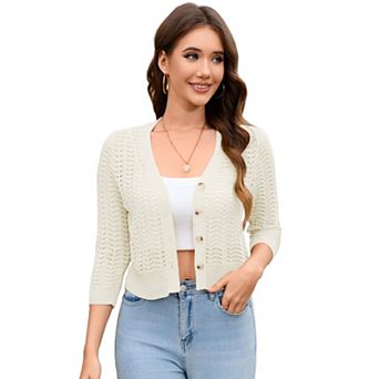 Women Knit Cardigan Lightweight Button 3/4 Sleeve Cropped Cardigan Down Sweater Knit