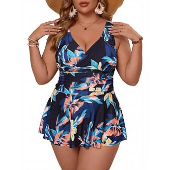 Plus Size Retro Floral Swim Dress Two Piece High Waist Bathing Suit with Built-In Shorts