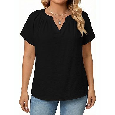 Plus Size Short Sleeve Blouse with Gather Around Neck Curved Hem for Casual Wear (Pick One Size Up)