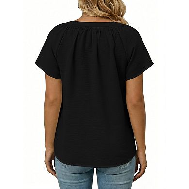 Plus Size Short Sleeve Blouse with Gather Around Neck Curved Hem for Casual Wear (Pick One Size Up)