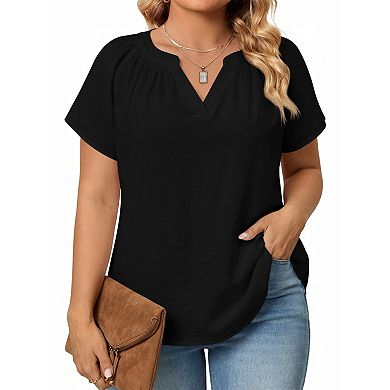 Plus Size Short Sleeve Blouse with Gather Around Neck Curved Hem for Casual Wear (Pick One Size Up)
