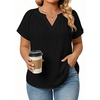 Plus Size Short Sleeve Blouse with Gather Around Neck Curved Hem for Casual Wear (Pick One Size Up)