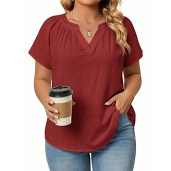 Plus Size Short Sleeve Blouse with Gather Around Neck Curved Hem for Casual Wear (Pick One Size Up)