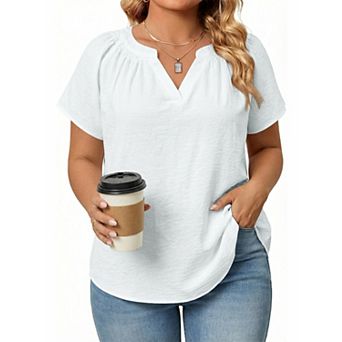 Plus Size Short Sleeve Blouse with Gather Around Neck Curved Hem for Casual Wear (Pick One Size Up)