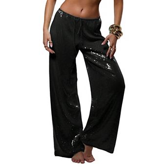 Womens High Waist Wide Leg Sparkle Glitter Pants Tie Front Sequin Shiny Trendy Party Trousers