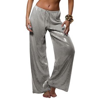 Womens High Waist Wide Leg Sparkle Glitter Pants Tie Front Sequin Shiny Trendy Party Trousers
