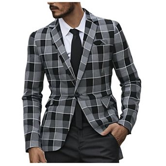Mens Plaid Button Front Lapel Blazer Color Block Business Casual Jacket Suit with Pocket