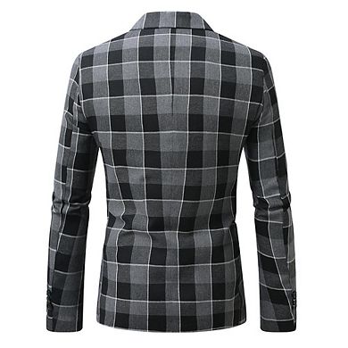 Mens Plaid Button Front Lapel Blazer Color Block Business Casual Jacket Suit with Pocket