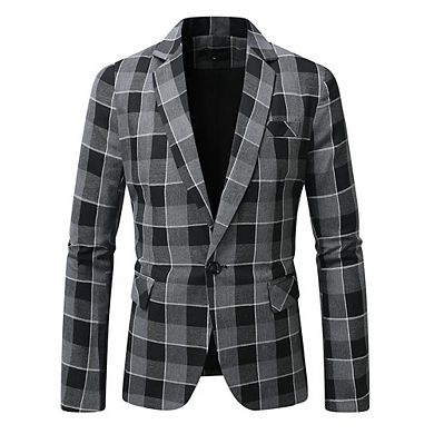Mens Plaid Button Front Lapel Blazer Color Block Business Casual Jacket Suit with Pocket