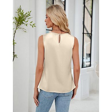 Women's Satin Pleated Blouse Summer Crew Neck Sleeveless Tops