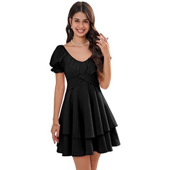 Women's Puff Sleeve V-Neck Mini Dress with Crisscross Waist, Tiered Ruffle Skirt Casual Dress