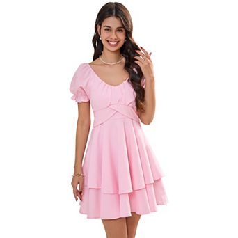 Women's Puff Sleeve V-Neck Mini Dress with Crisscross Waist, Tiered Ruffle Skirt Casual Dress
