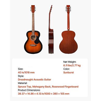 Dreadnought Acoustic Guitar for Beginner to Intermediate Players with Gig Bag, Sunburst