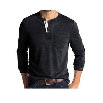Mens Button Up Henley Crew Neck Tops Long Sleeve Casual Basic Solid Tops with Pocket