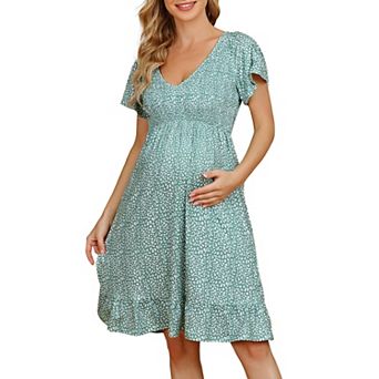 Women Maternity Short Sleeve Ruffle Dress V Neck Summer Casual Flowy Midi Dress
