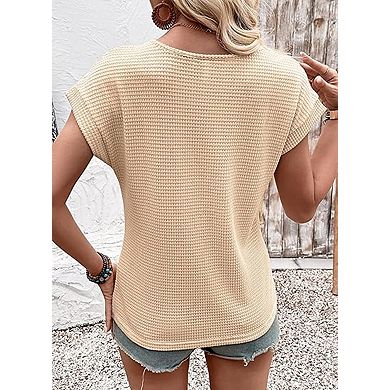 Women's Short Sleeve Crew Neck Waffle Lace Casual Loose Solid Color T-Shirt Shirt