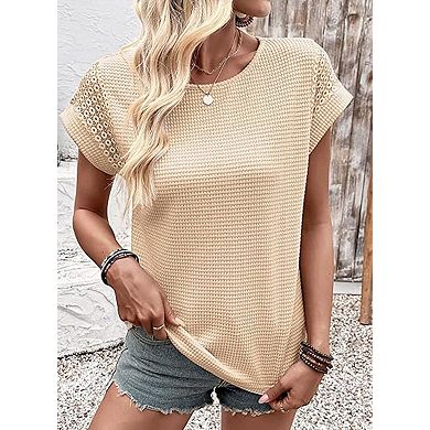 Women's Short Sleeve Crew Neck Waffle Lace Casual Loose Solid Color T-Shirt Shirt