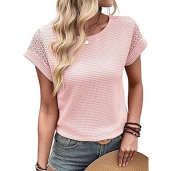 Women's Short Sleeve Crew Neck Waffle Lace Casual Loose Solid Color T-Shirt Shirt